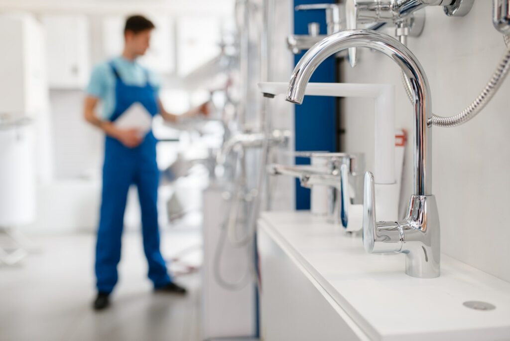 Plumber choosing faucet in plumbering store