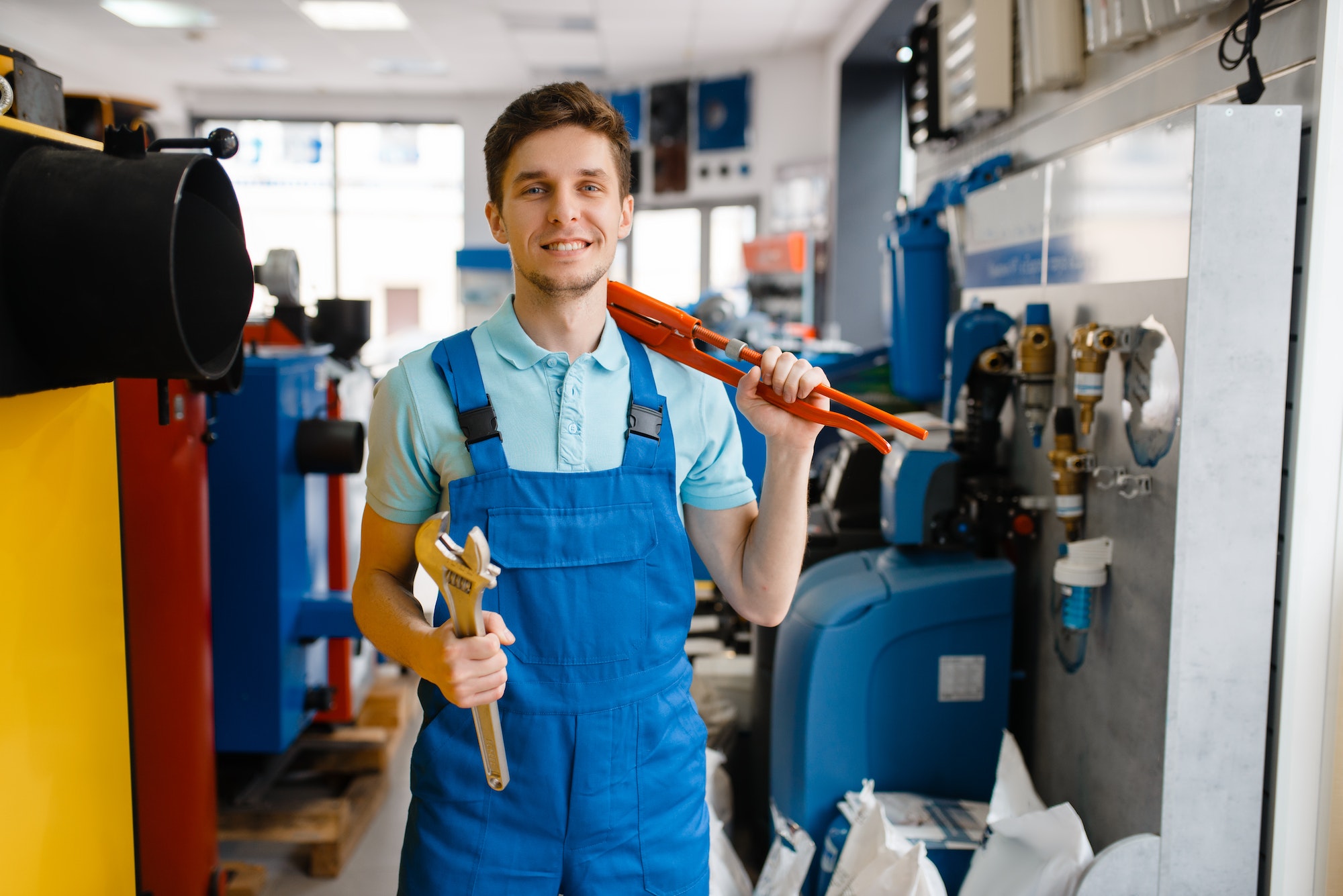 Plumber shows pipe wrenches in plumbering store